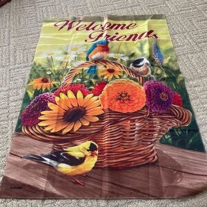 Welcome Friends Birds Flowers Basket Flag Banner Porch Yard Patio Garden